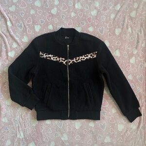 Zyia Active Women’s Fleece Sherpa Black Leopard Full Zip Jacket size Medium